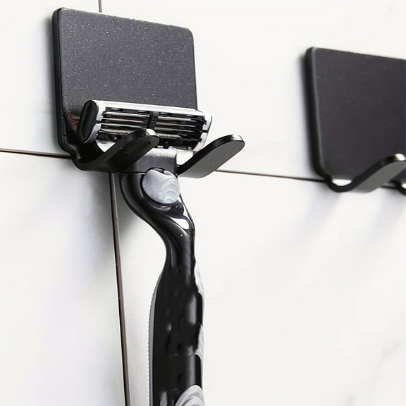 2pcs Punch-Free Wall Hooks – Adhesive Stainless Steel Holders for Razors, Towels, Keys, Cords & Accessories, Bathroom/Kitchen Organization - Black