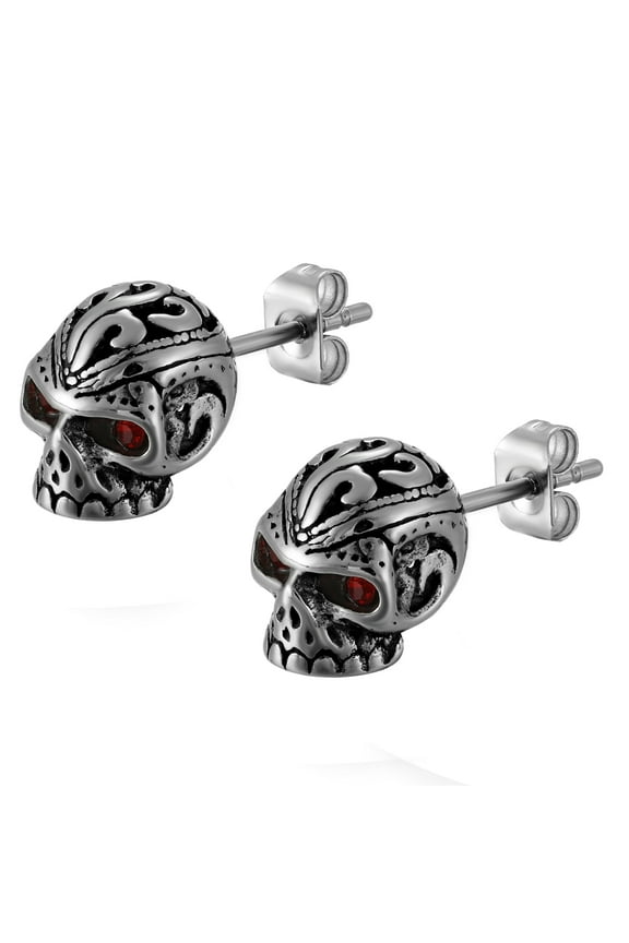 Men's Gothic Stainless Steel Red Eye Skull Skeleton Halloween Earrings Studs