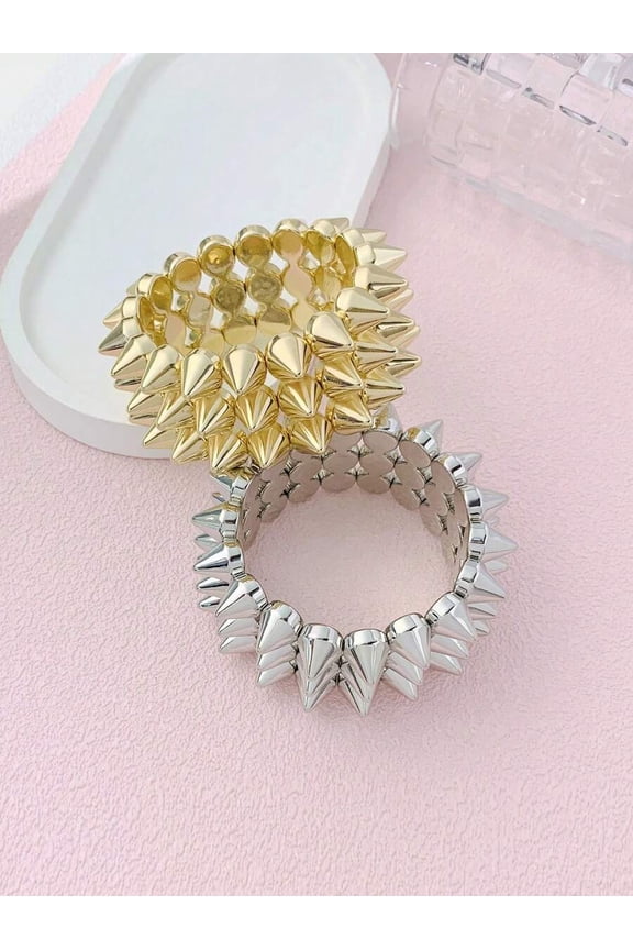 2pcs Punk Style Gold + Silver Spiked Stretch Bangle Set, Unisex Fashion Bracelet For Daily Wear, Party, Festival