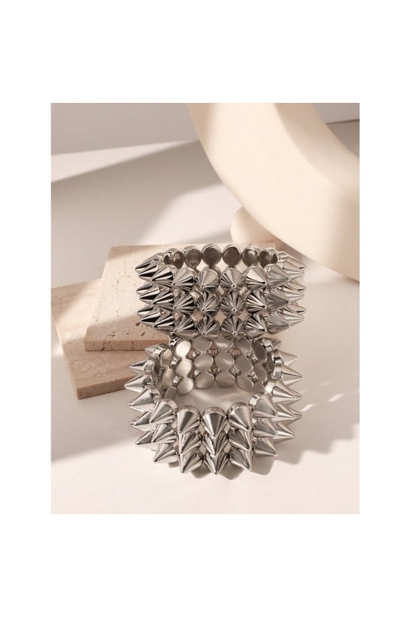2pcs Punk Style Silver Rivet Bangle Set, Unisex Stretch Spiked Bracelet For Daily Wear, Party, Festival