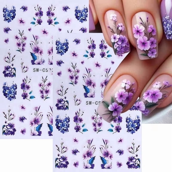 2pcs Purple Flower Nail Art Stickers - DIY Hydrangea Vine Design for Spring/Summer Nail Art, 3D Self-Adhesive Nail Decor for Salon and Home Use