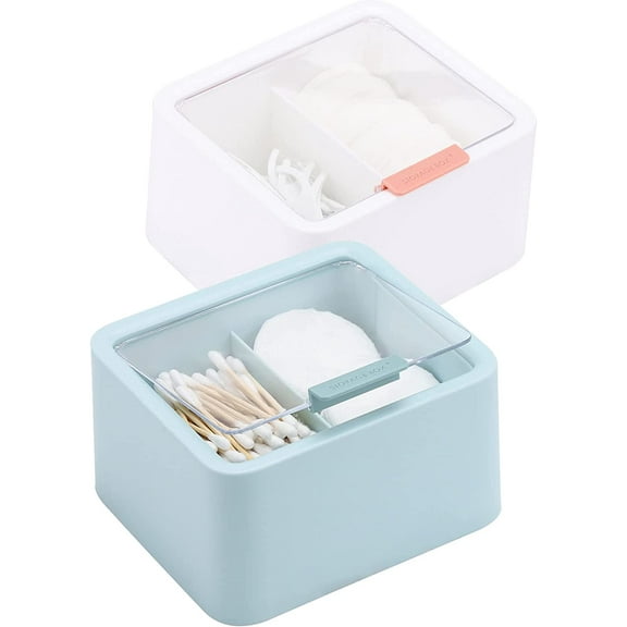 2pcs Qtips Holder - Middle Divider Cotton Pads Storage Dispenser Bathroom Organizer with Clear Hinged Lids for Cotton Balls Swabs Rounds-White & Blue