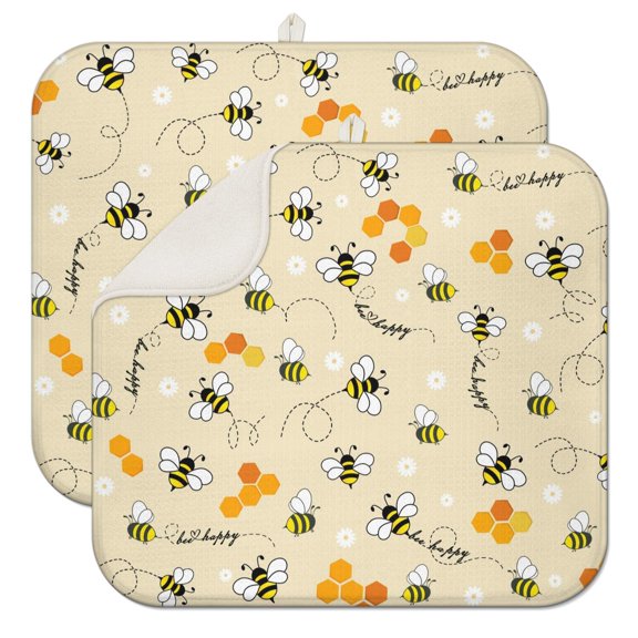 2pcs Queen Bee Crown Drying Mats, 3-Layer Thick Absorbent Microfiber, Cute Cartoon Insect Design, Space-Saving Foldable Kitchen Mat for Dishes & Pots