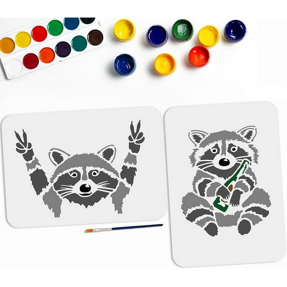 2pcs Raccoon Stencil 11.7x8.3inch Funny OK Gesture and Raccoon Drinking Painting Template with Paint Brush for DIY Art Craft Raccoon Decoration Wood Wall Furniture