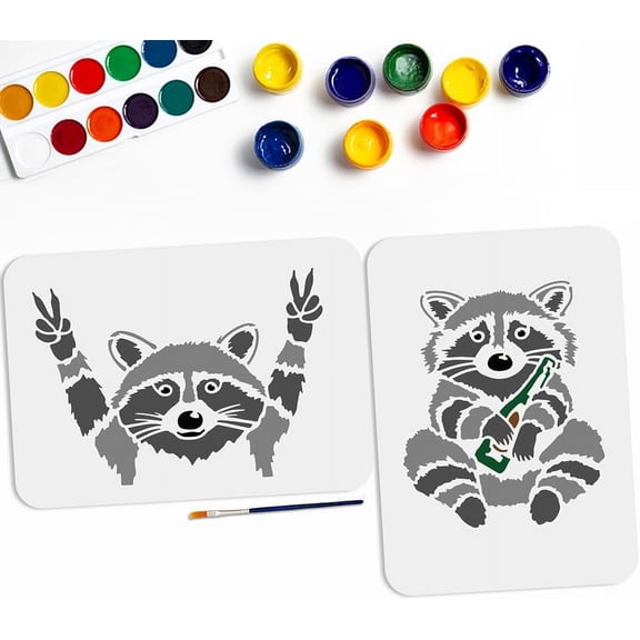 2pcs Raccoon Stencil 11.7x8.3inch Funny OK Gesture and Raccoon Drinking Painting Template with Paint Brush