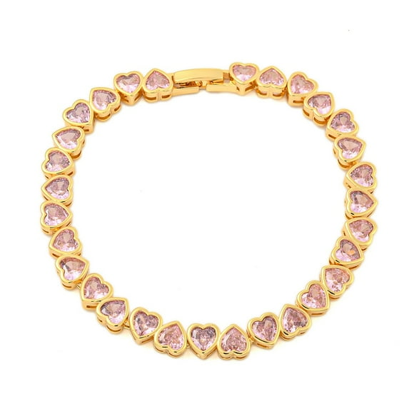 2pcs Rack Plating Brass Pave Cubic Zirconia Heart Link Bracelets Long-Lasting Lead Free & Cadmium Free golden Pink 7-5/8 inch(19.5cm)