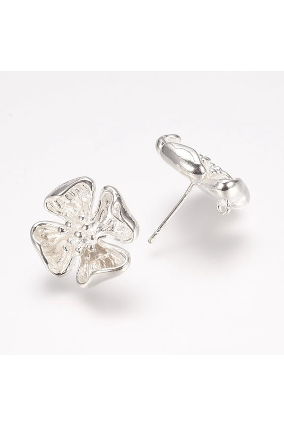 2pcs Rack Plating Brass Stud Earring Findings with Loop Flower Silver color Plated 16x16x4.5mm Hole: 0.5mm pin: 0.5mm Brass