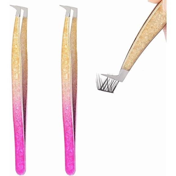 2pcs Rainbow Eyelash Extensions Tweezers Stainless Steel Tweezers Eyelash Tool Bend Head Tweezers Curved Angled Tips Precision Tweezers