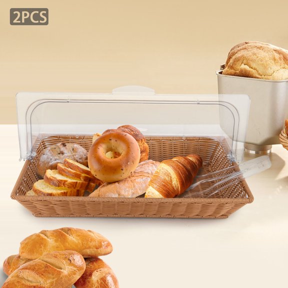 2pcs Rattan Bread Basket with Lid Hand-Woven Wicker Tray 21inch Picnic Food Box