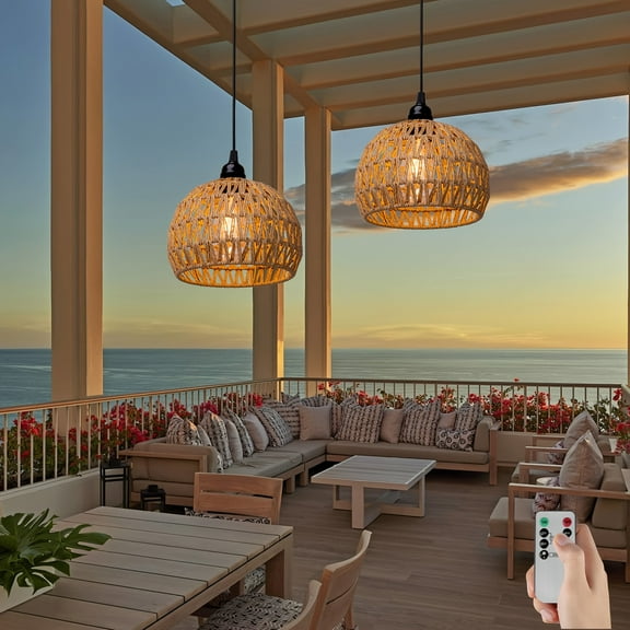 2pcs Rattan Woven Chandelier with Remote, Battery Operated Pendant Light, Dimmable Warm White LED Bulb with Timer for Kitchen Island Patio Pergola