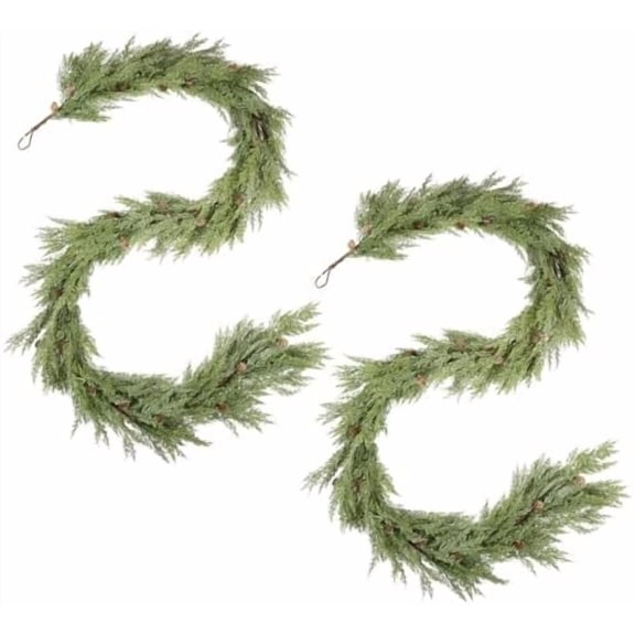 2pcs Real Touch Cypress Cedar & Pine Cone Evergreen Garland for Christmas Holiday Seasonal Outdoor/Indoor Home Decor, 9FT Long
