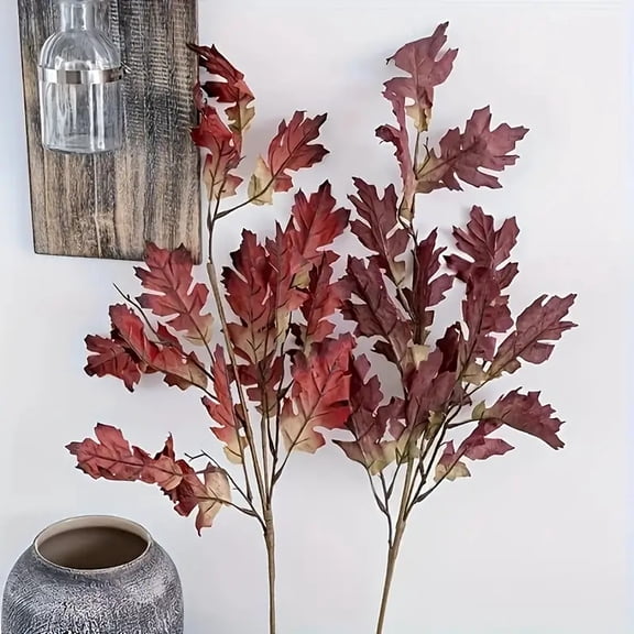 2pcs Realistic Artificial Oak Leaves with Roots Faux Greenery Vase Decor
