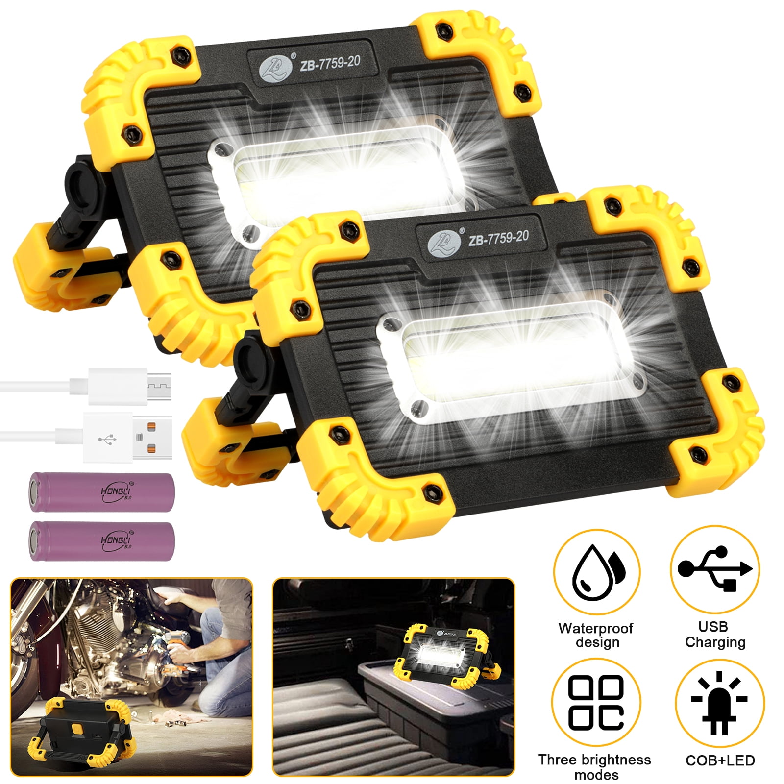 2pcs Rechargeable LED Work Light Portable, TSV 300LM 180° Rotatable COB  Inspection Lamp Waterproof with 1200MAH Battery, Lighting Modes for Camping  Hiking Car Repairing