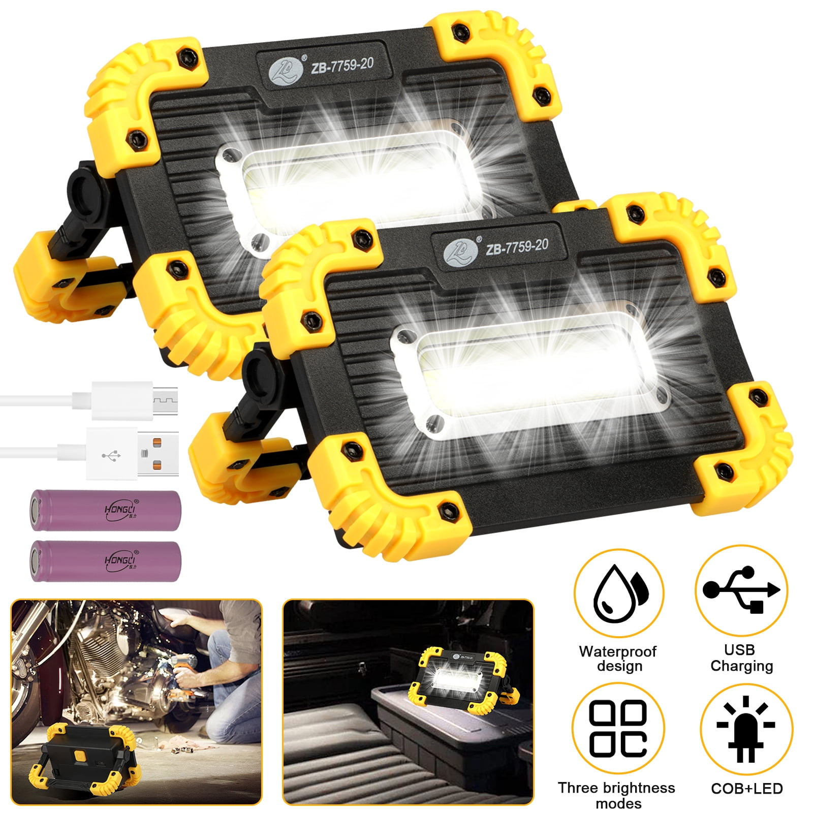2pcs Rechargeable LED Work Light Portable, TSV 300LM 180° Rotatable COB  Inspection Lamp Waterproof with 1200MAH Battery, 3 Lighting Modes for  Camping Hiking Car Repairing 