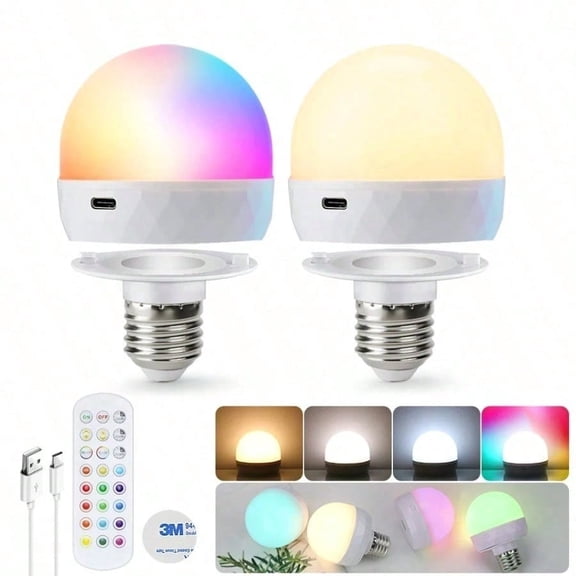 2pcs Rechargeable Larger Battery Capacity Light Bulb: 3000mAh LED Bulb With Remote Control For Lamp, Wireless E26 USB Puck Light 400LM With Timer, 12 RGB Color