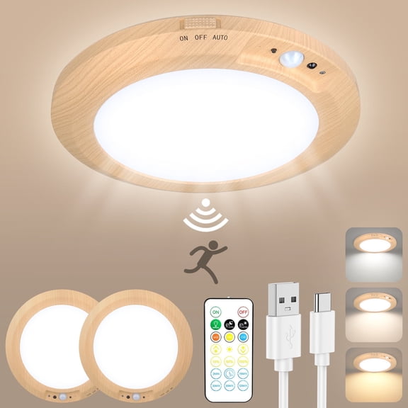 2pcs Rechargeable Motion Sensor Ceiling Light With Remote Control,10000mA-h Battery Operated Closet Light,Magnetic Timing LED Shower Lights,Ceiling Lamp for Bathroom Pantry Shed Hallway, Wood color