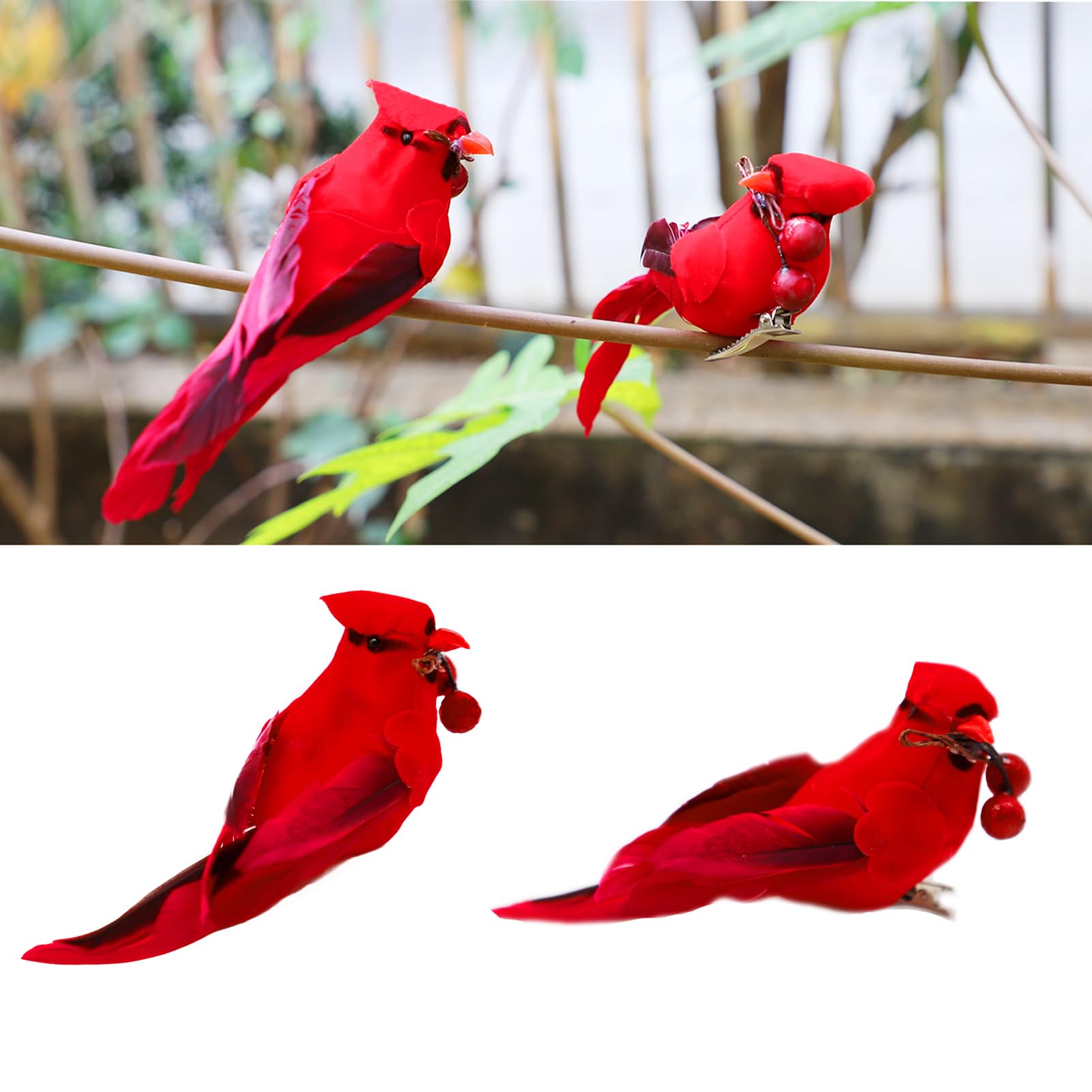 2pcs Red Artificial Birds OIF8 Realistic Feather Bird for Christmas
