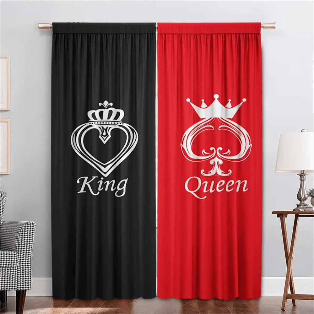 2pcs Red Black Color Blocking Crown Letter Polyester Curtains Fashion