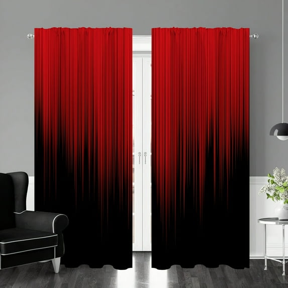 2pcs Red Black Gradient Stripe Design Printed Window Curtain For Bedroom Office Kitchen Living Room Study Rod Pocket Window