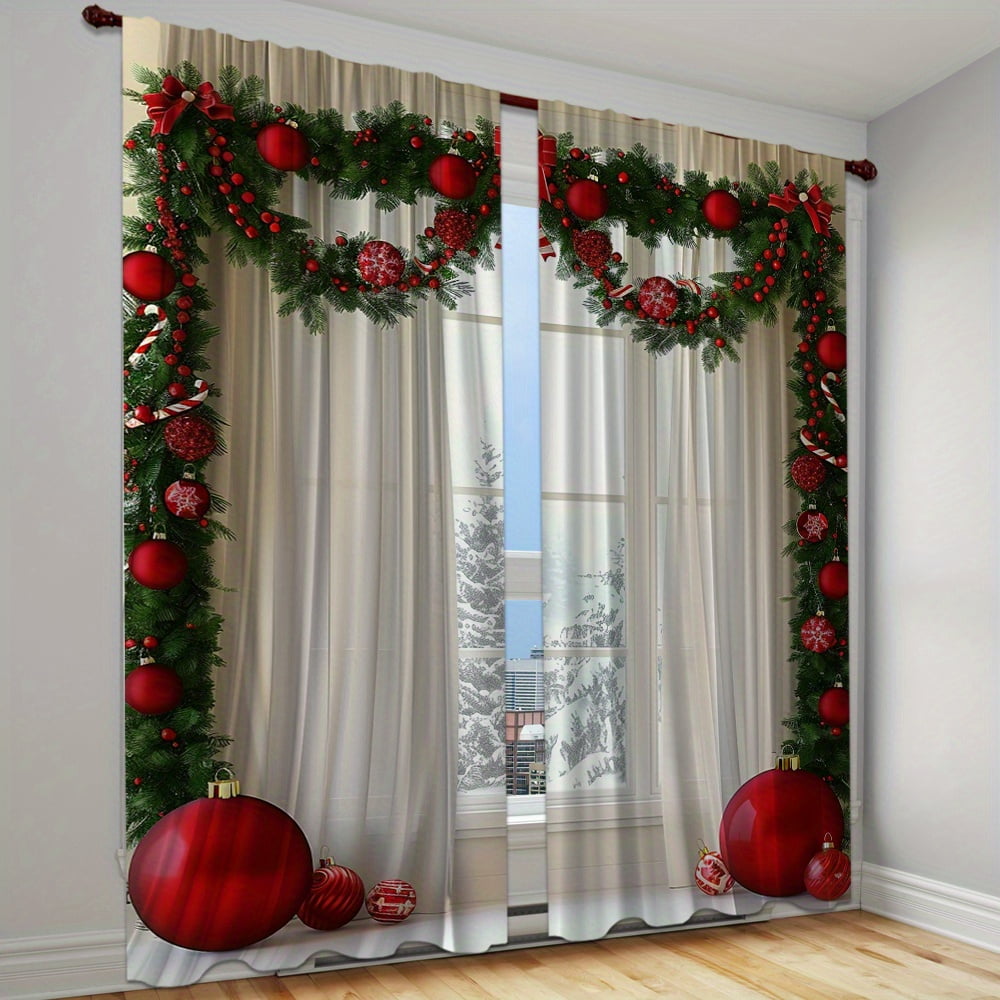 2pcs Red Christmas Printed SemiBlackout Curtains with Green Pine