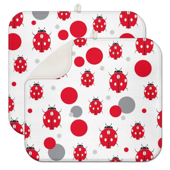2pcs Red Ladybug Kitchen Drying Mat, 3-Layer Thick Absorbent Dish Drying Pad, Reusable & Washable Microfiber Counter Mat with Cartoon Print