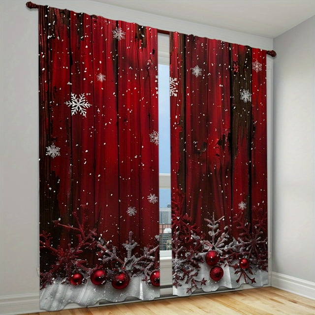 2pcs Red Printed SemiBlackout Curtains with Green Pine Branches and