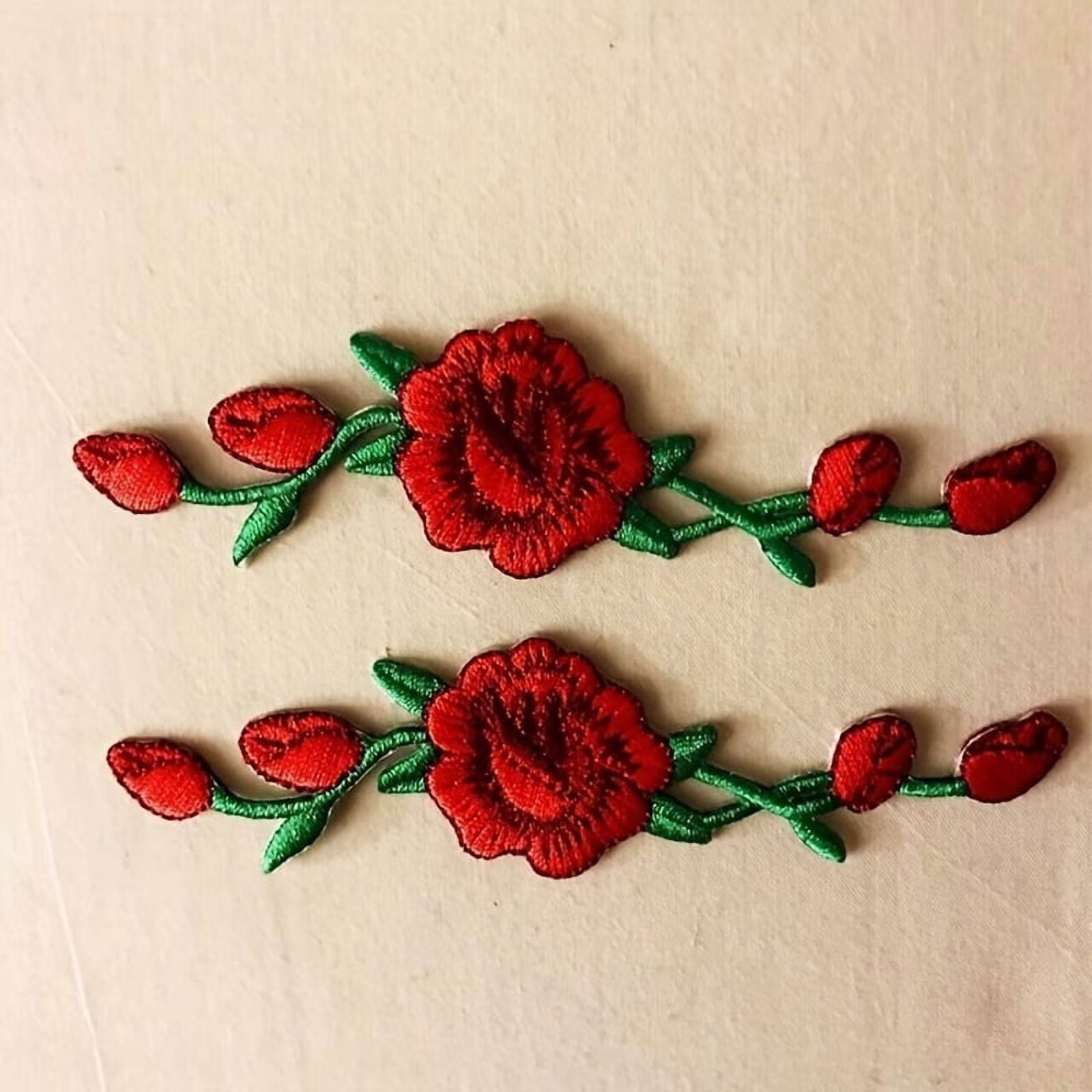 2pcs Red Rose Flower Embroidery Applique Patch - Iron-On Embroidered Patches for Jeans, Jackets, Hats, and Bags