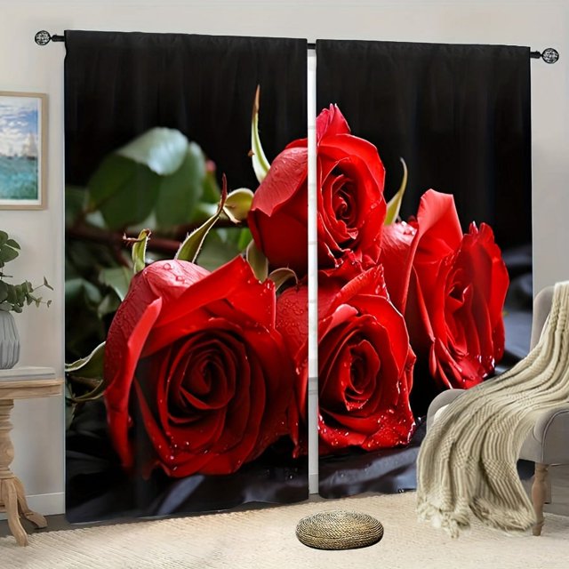 2pcs Red Rose Printed Curtains Rod Pocket Window Treatment For Living