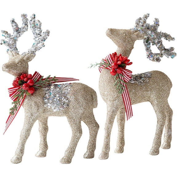 2pcs Reindeer Figurine Statue Glittering Deer Sculpture Christmas Deer Decor Desktop Ornament Elk Office Decoration Indoor Home Table Craft