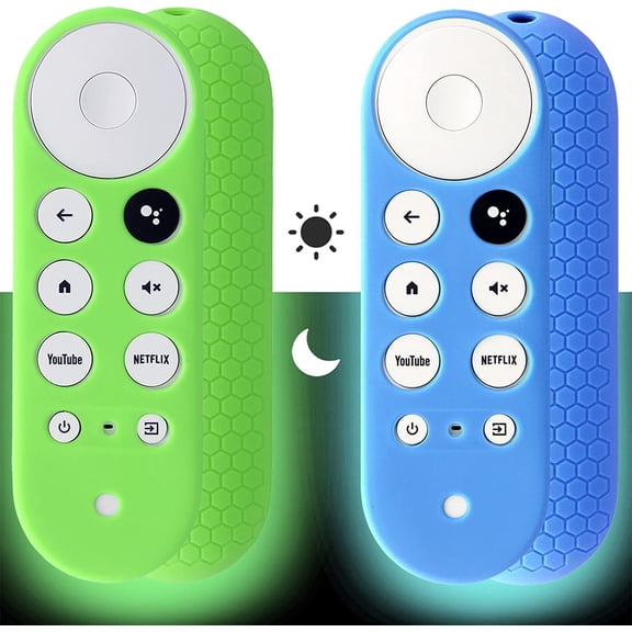 2pcs Remote Cover (Glow in The Dark) Compatible with 2020 Chromecast with Google TV Voice Remote, Anti Slip Silicone Case Cover (Green and Blue)