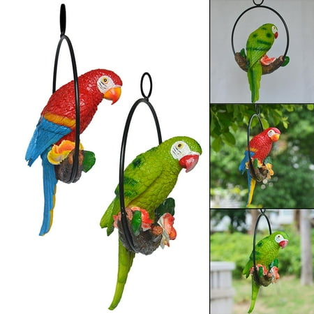 2pcs Resin Handcraft Lifelike Hanging Parrot Statue Perch Birds Model Garden Sculpture Outdoor Landscape Lawn Ornament