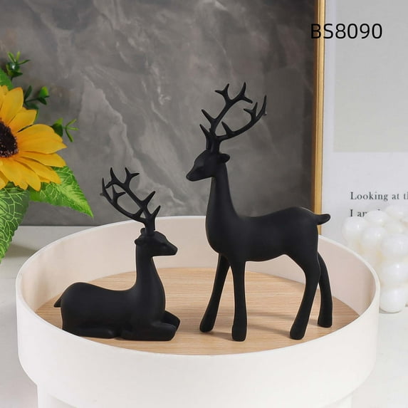 2pcs Resin Reindeer Sculpture, Deer Statue, Reindeer Ornament For Home Office Desk Decor, Black Christmas Decorations for Home On 2024