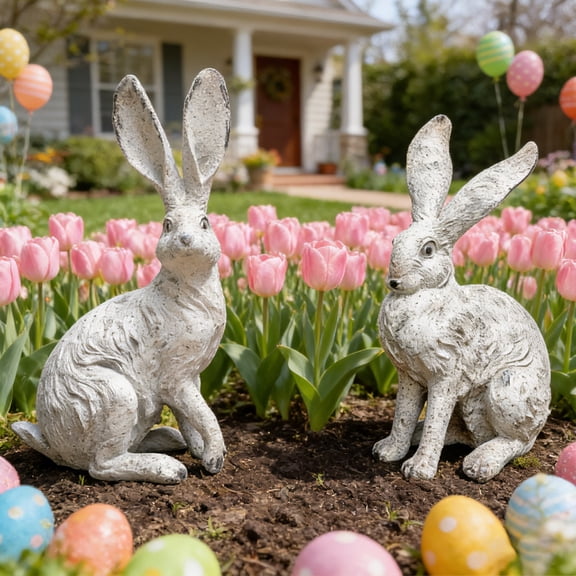 2pcs Resin Simulation White Long-Eared Bunny Figurine, Realistic Rabbit Ornament, Easter Bunny, Decorative Sculpture for Home Tabletop Shelf, Cute Spring Easter Accent for Indoor Decoration, White