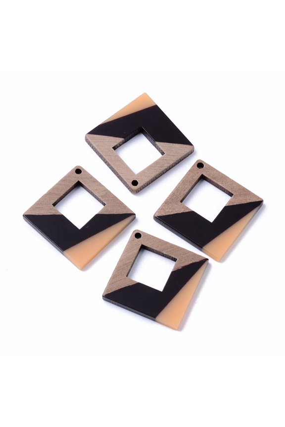2pcs Resin & Walnut Wood Pendants Rhombus Sandy Brown 37x37x3mm Hole: 2mm