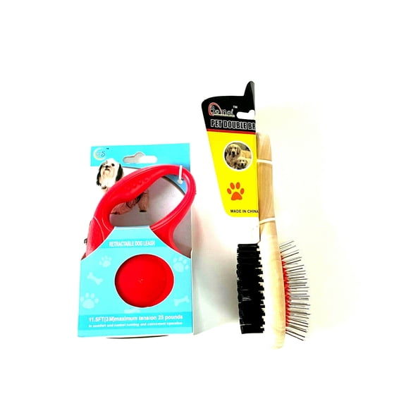 2pcs Retractable Pet Dog Leash and Double Hair Grooming Brush Set