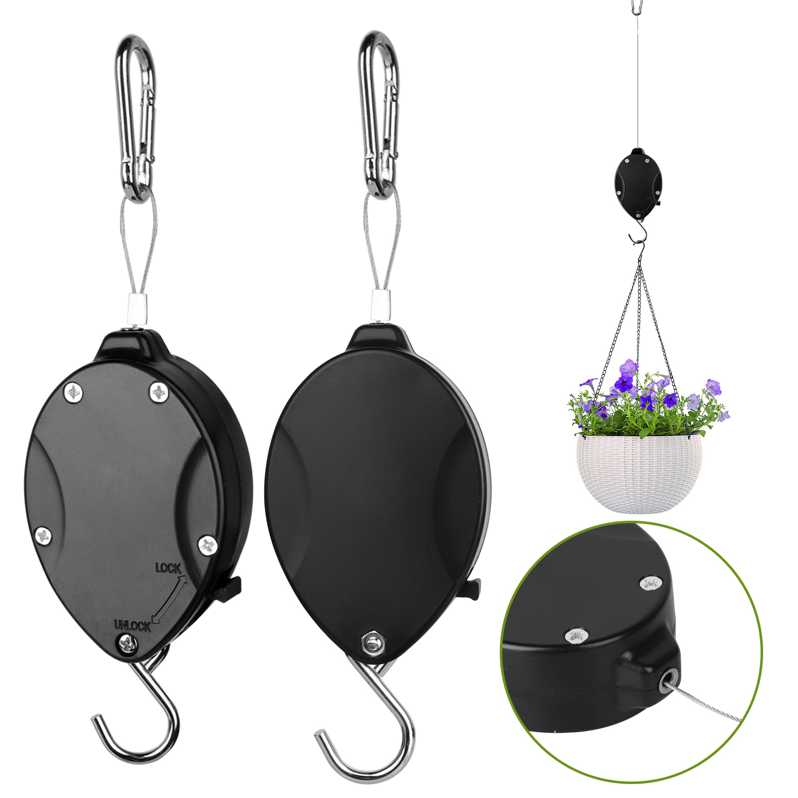 2pcs Retractable Plant Pulley with Locking, TSV Adjustable Plant Hanger Hook, Easy Watering for Hanging Plants, Garden Flower Baskets, Pots and Bird Feeders, Plastic, Black - image 1 of 9
