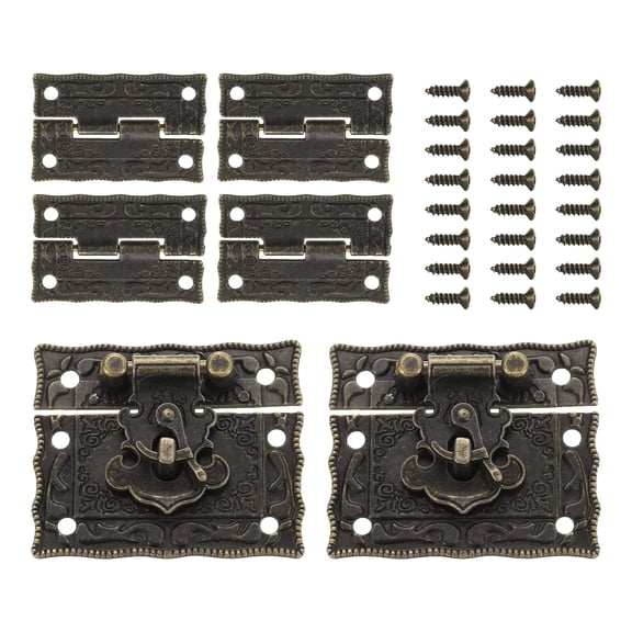 2pcs Retro Bronze Alloy Latch Locks 51 x 44mm and 4pcs Engraved Hinges for Decorative Cabinet
