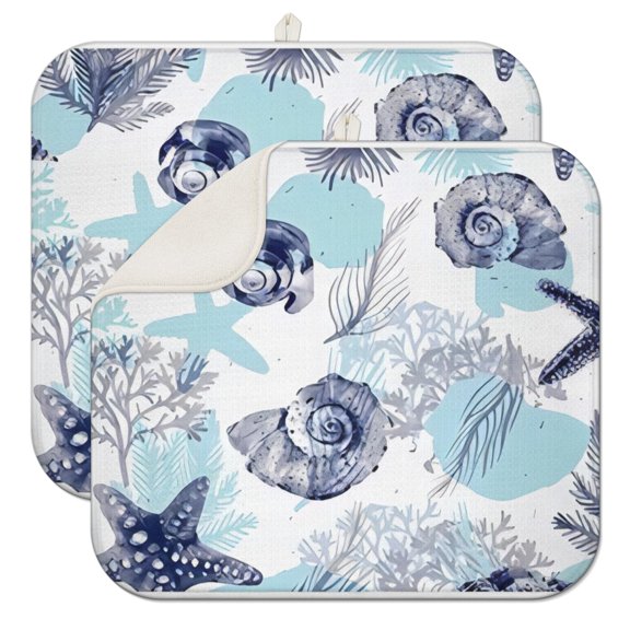 2pcs Retro Starfish and Palm Tree Drying Mat Absorbent Microfiber Dish Drying Pad Foldable Heat Resistant Kitchen Counter Mat 16x18