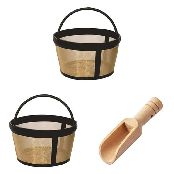 2pcs Reusable 4-5 Cup Basket Coffee Filter with Mini Wooden Spoon Fits MrCoffee Coffee Maker And Brewer Permanent Filter Replacement Compatible With Mr Coffee Gold Basket-Style Filters
