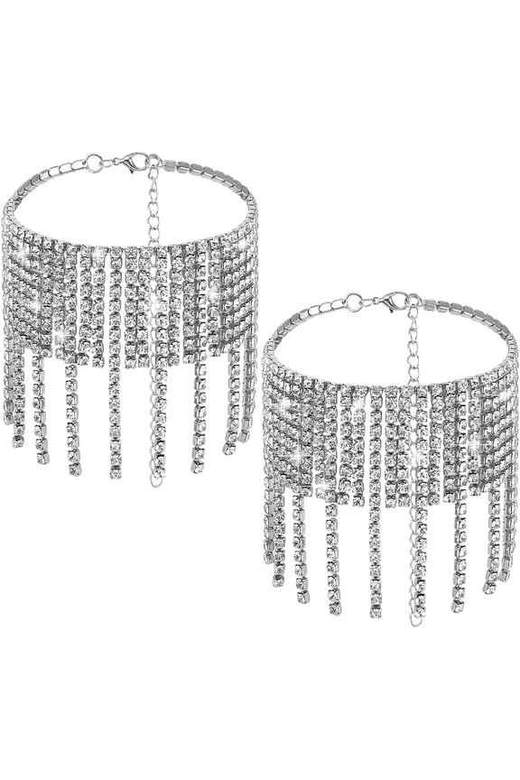 2pcs Rhinestone Ankle Sparkly Tassel Anklet 9-7/8 Inch Glitter Anklets Bling Foot Chains Diamond Anklets