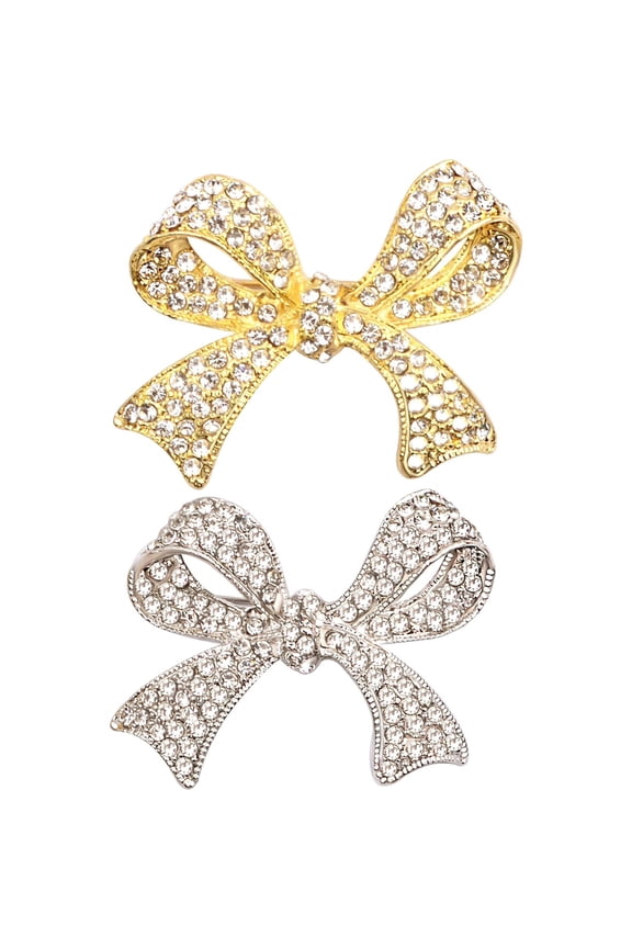 2pcs Rhinestone Bows Brooch Pins Golden Silver Vintage Sparkly Crystal Bowknot Brooches Lapel Pins Dress Suit Accessories for Women Wedding Engagement Party Jewelry Gifts