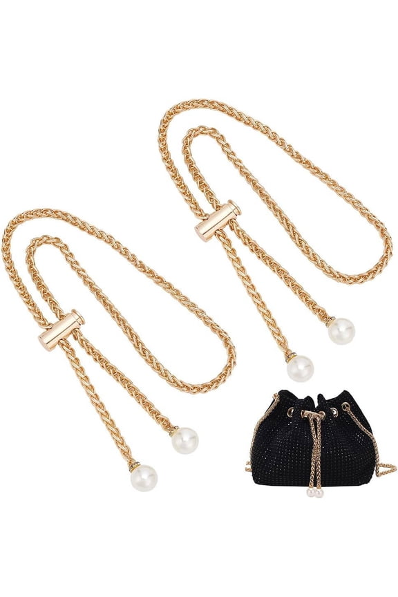 2pcs Rhinestone Bucket Bag Drawstring Replacement 25.5 Inch Detachable Metal Pull String with Slide String Keeper Women Bling Bucket Purse Drawstring Chain with Bead Handbag Adjust Drawstring