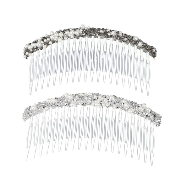 Unique Bargains 2pcs Rhinestone Side Hair Comb 20 Wide Teeth Side Combs Faux Pearl Side Hair Comb for Women Silver Tone