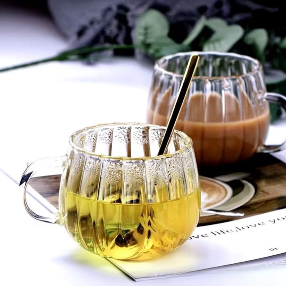 2pcs Ribbed Pumpkin Glass Coffee Mug Set - Elegant Clear Striped Cups for Hot & Cold Drinks, Home Office Use, Gift for Women Men