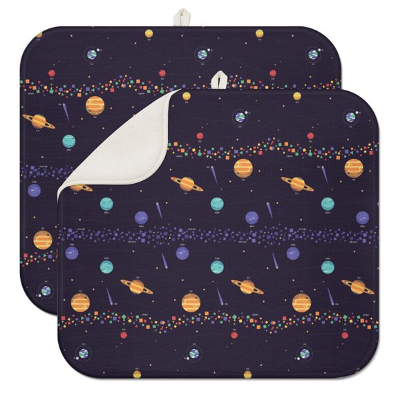 2pcs Rocket Print Dish Drying Mat 3-Layer Thick Microfiber Absorbent Pad for Countertop Heat Protection