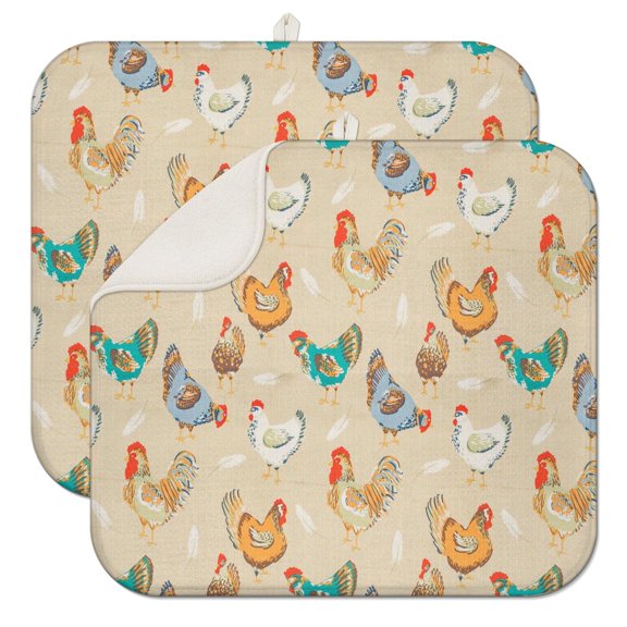 2pcs Rooster and Country Farmhouse Print Kitchen Drying Mat, Thick Absorbent Microfiber Dish Drying Pad with Hanging Loop