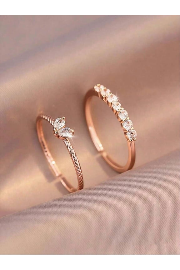 2pcs Rose Gold Cubic Zirconia Stackable Rings Set For Women