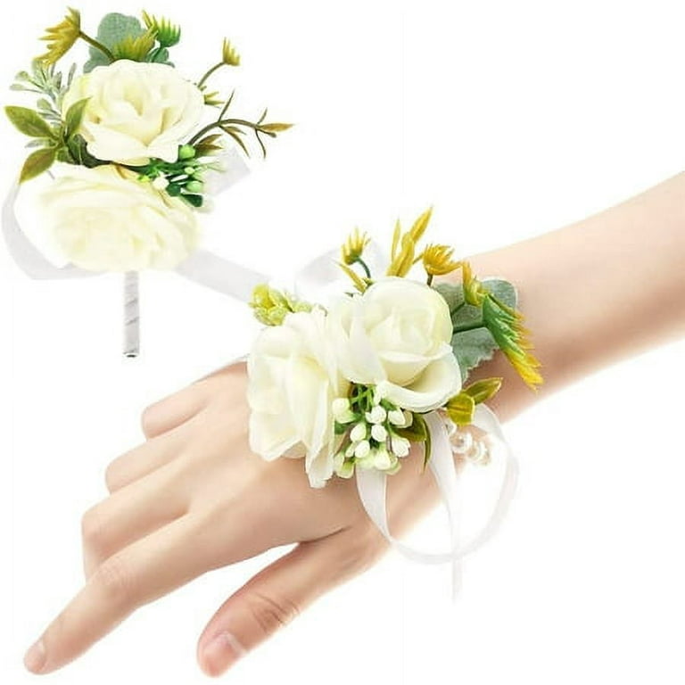 2pcs Rose Wrist Corsage and Boutonniere Set Artificial Corsage Wristlet  Band Bracelet for Wedding Flowers Ceremony Accessories Prom Suit  Decorations (Champagne) 