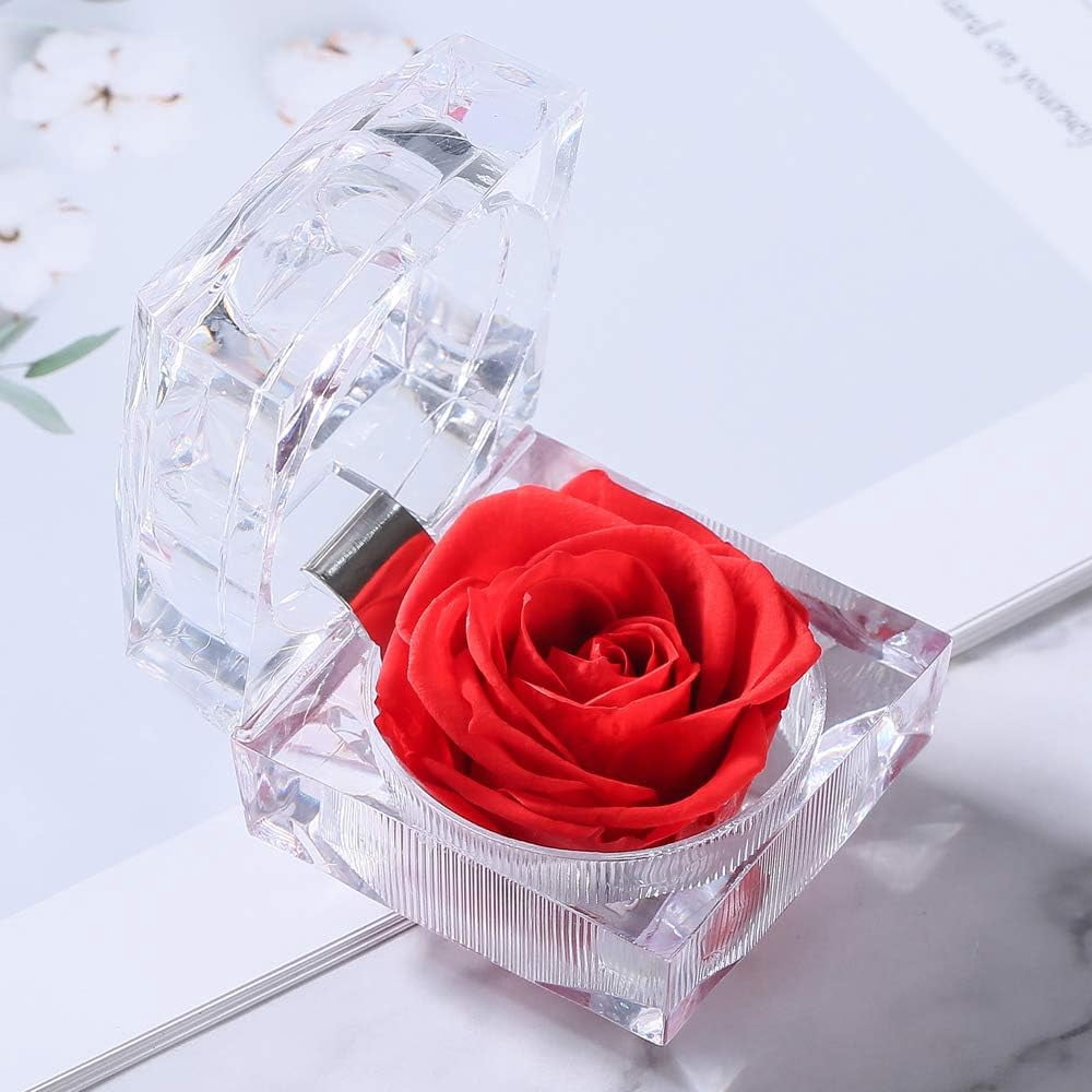 2pcs Rose in Crystal Ring Box, Handmade Real Preserved Flower Eternity