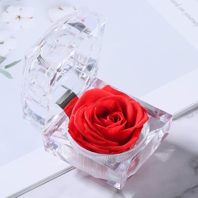 2pcs Rose in Crystal Ring Box, Handmade Real Preserved Flower Eternity
